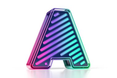 3D parlak A harfi. Gradyan pembesi ve mordan maviye. Neon tarzı harf dizaynı. Yüksek kalite 3B görüntüleme.
