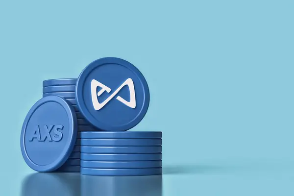 Axie Infinity 블록체인 메타버스 토큰의 스택과 파란색 배경의 Axs 아이콘 — 스톡 사진