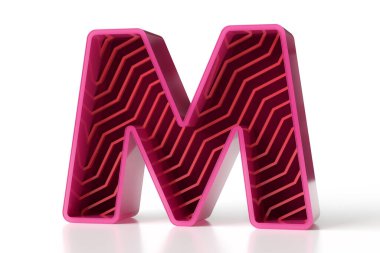 Teknoloji ve oyun alanları için modern bir konsept olarak markalaştırma projeleri için tasarlanmış 3 boyutlu büyük M harfi. Kırmızı pembe 3D parlak harf koleksiyonu. Yüksek çözünürlüklü 3B görüntüleme.