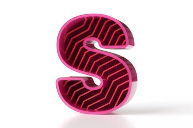 Pembe ve kestane rengi kombinasyonlu 3D S harfi. Gelecekçi teknoloji tarzı tipografi. Yüksek çözünürlüklü 3B görüntüleme.