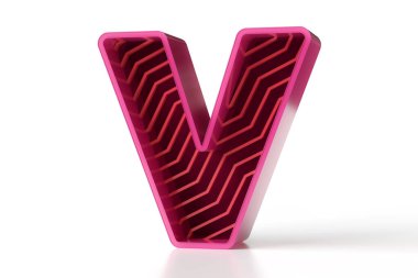 Yaratıcı geometrik 3 boyutlu V harfi perspektif görünümünde. Magenta ve kırmızımsı parlak yazı tipi seti. Web ve baskı tasarım projeleri için yüksek kaliteli 3D görüntüleme.