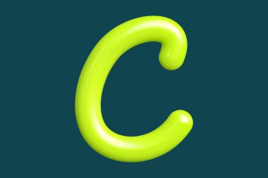 3 boyutlu kıvrımlı neon yazı tipi C harfini kireç yeşili ile boyayarak baskılar, sanat eserleri, ruh hali panoları ve web reklamları için uygun grafiksel kaynak oluşturur. Yüksek kalite 3D illüstrasyon