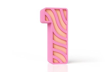Plastik dalgalı şekillerden yapılmış 3 boyutlu yazı tipi. Pembe ve şeftali rengi şeması izometrik stil numara 1. Yüksek çözünürlüklü 3B görüntüleme.
