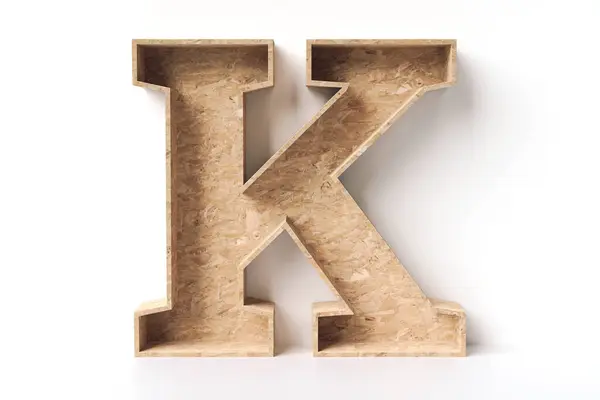Osbの傾向の木製板から成っている3D木製の手紙K ユース家具デザインコンセプト 高精細で詳細な3Dレンダリング — ストック写真