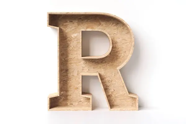 回收Osb木制字母字母字母R中的字母 室内装饰设计理念的家庭或商店内部 高质量3D渲染 — 图库照片