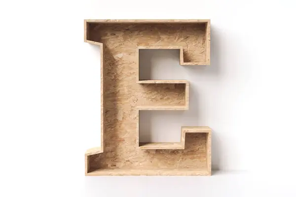 天然のOsb合板で作られた家具の形をした木製アルファベット文字E 高い詳細な3Dレンダリング — ストック写真
