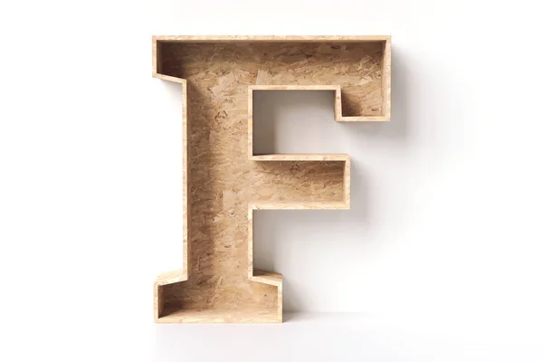 木制空盒子的形状为字母F 理想的展示零售产品或装饰室内空间 由Osb回收的木板制成 3D渲染说明 — 图库照片