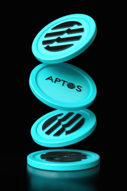 Siyah bir yüzeye düşen Aptos kripto para birimi hareketinin simgesi. Altmadeni paraların yeni teknolojilerini resmetmek için uygun tasarım. Yüksek çözünürlüklü 3B görüntüleme.
