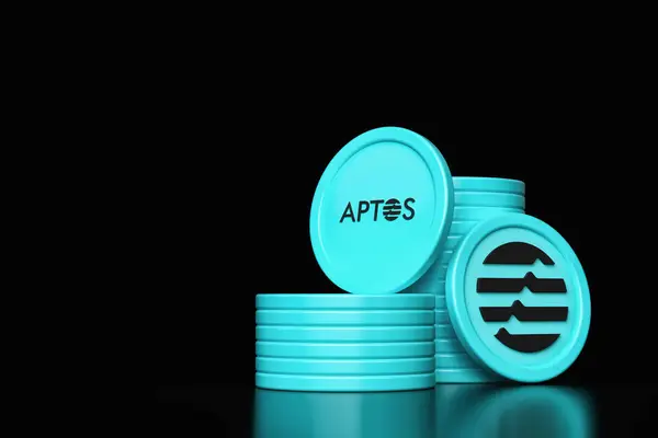 ロゴとティッカーを表示するAptosコインスタックとトークンのセット 仮想通貨やアルトコインのコンセプトに適したイラストデザイン 高品質の3Dレンダリング — ストック写真