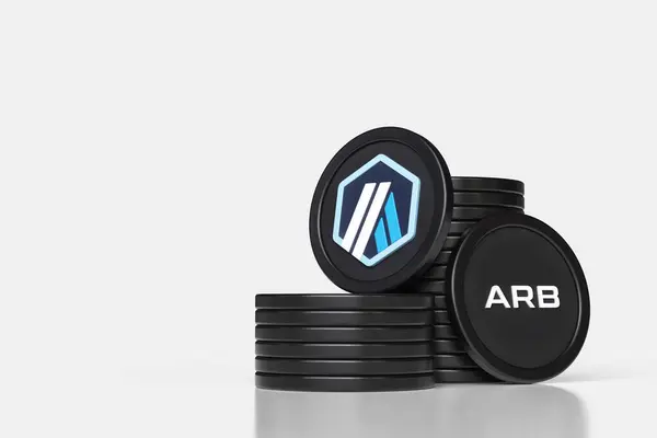 ロゴとティッカーを表示するArb Arbitrumコインスタックとトークンのセット 仮想通貨やアルトコインのコンセプトに適したイラストデザイン 高品質の3Dレンダリング — ストック写真