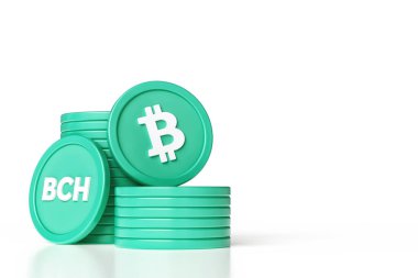 Beyaz arka planda izole edilmiş Bitcoin Cash jetonları. Şifreli para birimi kavramları için uygun tasarım. Kalp atışı ve sembol. Yüksek kalite 3B görüntüleme.
