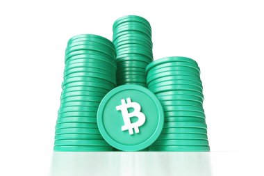 Bitcoin Cash jetonları beyaz arka planda izole edilmiş birkaç yığın halinde istiflenmiş. Yerden geniş açı efektli bir bakış açısı. Dijital varlık kavramları için resimli tasarım. Yüksek kalite 3B görüntüleme.