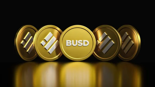 Busd Binance Stablecoins ブラックバックグラウンドの異なる角度から見たトークン デジタルマネーコンセプトのイラストデザイン 高品質の3Dレンダリング — ストック写真