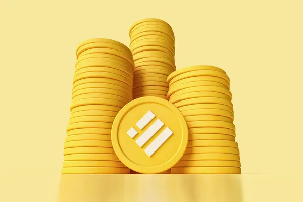 Stacks of Binance Busd stable crypto coins seen from a low view angle. Suitable for digital swap and saving concepts. High quality 3D rendering.