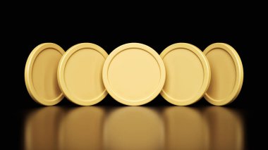 Arka arkaya siyah arkaplanda izole edilmiş farklı görüş açıları olan altın madeni paralar. Yüksek kaliteli 3D modelleme kripto para birimleri ve iş kavramları için uygundur. 
