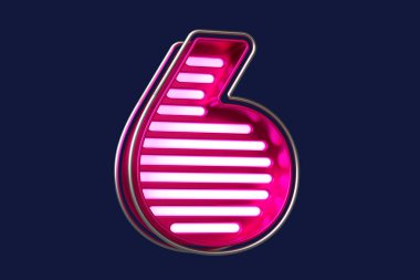 Gümüşi ve elektrikli pembe neon yazı tipi numarası 6. Başlıklar, reklam başlıkları ve göz alıcı metinler yaratmak için güzel bir tipografi. Yüksek kalite 3B görüntüleme.