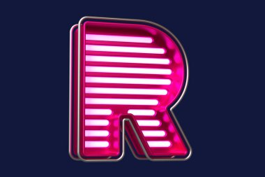 3 boyutlu neon şeritli alfabe harfi R harfli metal. Başlık, reklam başlıkları ve göz alıcı metinler yazmak için güzel bir tipografi. Yüksek kalite 3B görüntüleme.