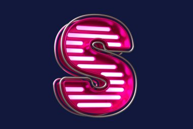 Parlayan neon yazı tipi S harfi krom ve pembe. Başlıklar, reklam başlıkları ve göz alıcı metinler tasarlamak için güzel yazı karakteri. Yüksek kalite 3B görüntüleme.
