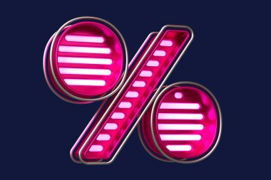 Krom ve pembe neon yazı tipi yüzde sembolü. Satış gücü ve göz alıcı reklamlar yaratmak için güzel bir grafik kaynağı. Yüksek kalite 3B görüntüleme
