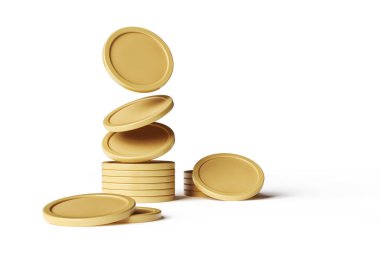 Hareket halindeki altın jetonlar bir yığın oluşturuyor. Kripto para birimi veya bankacılık kavramları için uygun bir resim. Yüksek kalite 3B görüntüleme