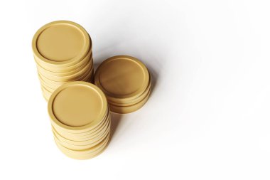 Beyaz bir yüzey üzerinde yukarıdan görülen üç altın para destesinin kopyası. Kripto para birimi ve finansal konseptler tasarlamak için uygun bir resim. Yüksek kalite 3B görüntüleme.