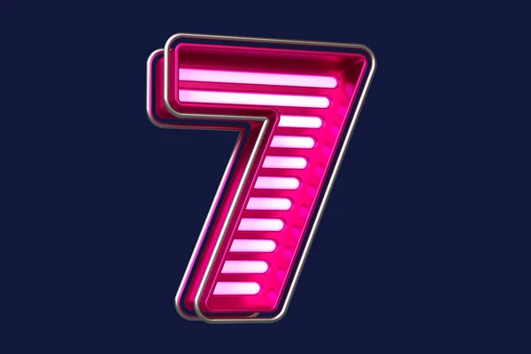 Shining metallic neon font digit number 7 in chrome and pink. Nice typeface for the creation of titles, ad headers and eye-catching texts. High quality 3D rendering.