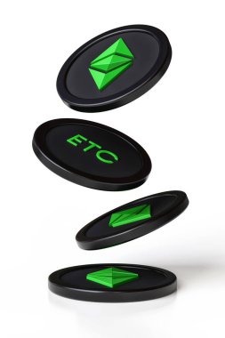 Ethereum Klasik siyah ve yeşil jetonlar hareket halinde. Haber ve reklamları resmetmek için engelleme zinciri ve kripto para birimi kavramları. Yüksek çözünürlüklü 3B görüntüleme.