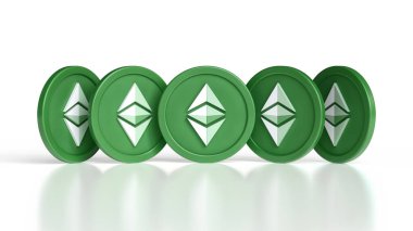 Beyaz bir yüzey üzerinde yeşil ve beyaz renkli klasik Ethereum sembolleri. Kripto para birimi reklamları, promosyonlar ve haberler için uygun bir resim. 3B görüntüleme.