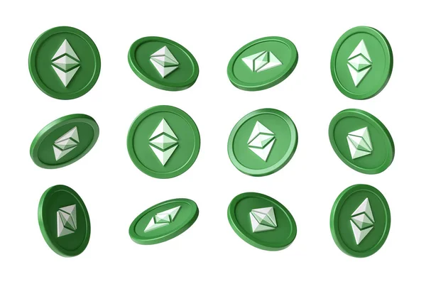 Набор Etc Ethereum Классических Зеленых Токенов Различными Поворотами Точками Зрения — стоковое фото
