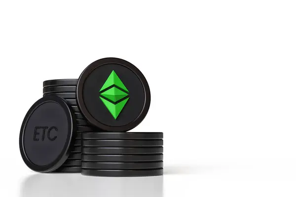 Ethereum Classic Stacked Tokens Empty Space Adding Content Black Green — Stock Photo, Image