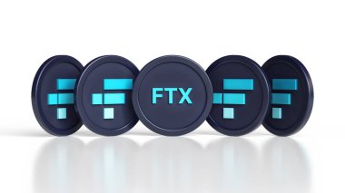 Ftx şifreleme simgeleri beyaz bir yüzeyde farklı açılardan görülen isim ve sembolleri gösteriyor. Kripto para birimi tasarımları için uygun bir resim. Yüksek kalite 3B görüntüleme.