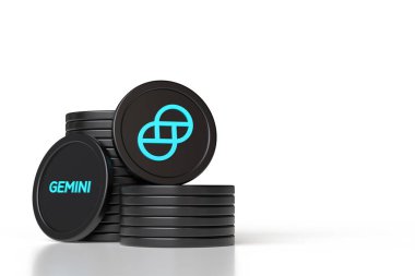 Gemini Doları Gusd, sembolü ve varlık adını gösteren bozuk paralarla dolu kripto para desteleri. Sağ tarafında kopya alanı olan mavi, siyah ve beyaz renk şeması. Yüksek kalite 3B görüntüleme.