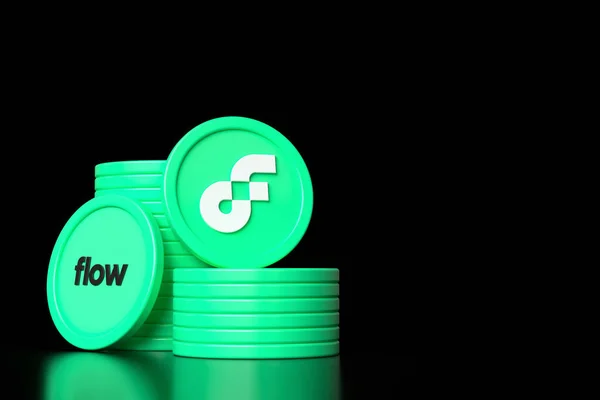 Σύνολο Flow Crypto Στοίβες Νομισμάτων Και Μάρκες Που Δείχνει Λογότυπο — Φωτογραφία Αρχείου