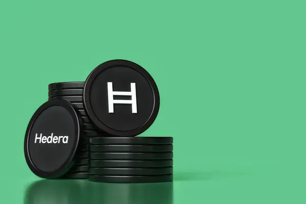 Hedera para yığınları ve logo ve kalp atışı gösteren jetonlar. Altcoin kripto para birimi kavramları için uygun illüstrasyon tasarımı. Yüksek kalite 3B görüntüleme.