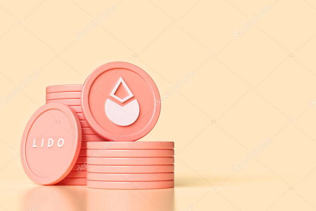Lido Dao token stacks illustration with empty space. Design suitable for cryptocurrency news and advertisements. High quality 3D rendering.