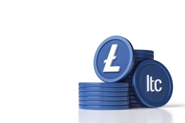 Temiz beyaz arkaplana Litecoin jetonları ve kopyalama alanı yığını. Ltc kalbi ve sembol simgesi. Yüksek kalite 3B görüntüleme.