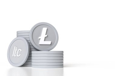 Açık bir arkaplanda izole edilmiş gri ve beyaz renkli Litecoin kriptucurent yığınları. Ltc kalbi ve sembol simgesi. Yüksek çözünürlüklü 3B görüntüleme.