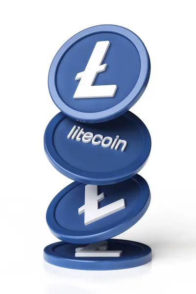 Litecoin Ltcトークンは白い表面に落ちている 暗号通貨やブロックチェーンコンセプトに適したデザイン 高精細3Dレンダリング — ストック写真