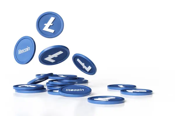Litecoin Ltc Cryptocurrency Dynamic Illustration Falling Tokens Stacks Coins Isolated — Stock Photo, Image