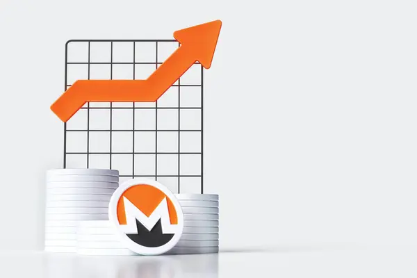 Monero Xmr tokens stacked next to a chart with an uptrend arrow, orange, gray and white corporate color scheme. High quality 3D rendering.