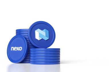 Beyaz arkaplanda izole edilmiş Nexo şifreli para birimleri. Borsa ve borsa kavramları için uygun tasarım. Yüksek kalite 3B görüntüleme.