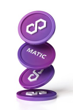 Poligon Matic, beyaz bir yüzeyde izole edilmiş bir şekilde hareket halinde. Kripto para birimi, engelleme zinciri reklamları ve haberler için uygun tasarım. Yüksek çözünürlüklü 3B görüntüleme.