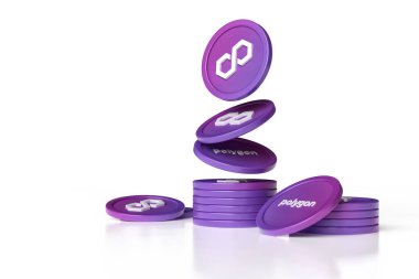 Hareket halindeki çokgen Matik kripto para birimi jeton yığınları oluşturur. Yüksek kalite 3B görüntüleme.