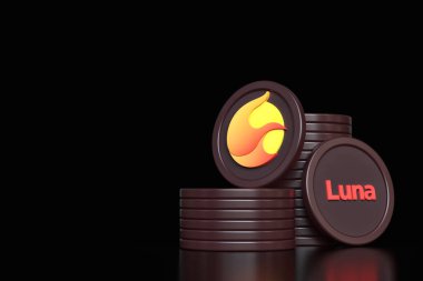 Siyah arkaplana Terra 2.0 Luna jetonları istiflenmiş. Şifreleme engelleme zinciri kavramları için uygun tasarım. Yüksek kalite 3B görüntüleme.