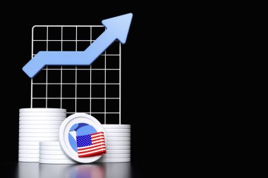 Ust Terra Usd jetonları dijital varlık kavramları için uygun bir okla bir çizelgenin yanına istiflenmiş. Yüksek kalite 3B görüntüleme.