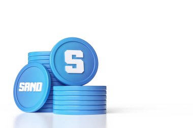 Sandbox metaverse jetonları yığını. Kum saati kısaltması ve sembol simgesi. Yüksek kalite 3B görüntüleme.
