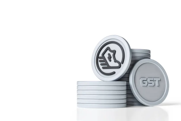 Green Satoshi Token Game Coins Stacked White Background Stepn Gtx — Stock Photo, Image