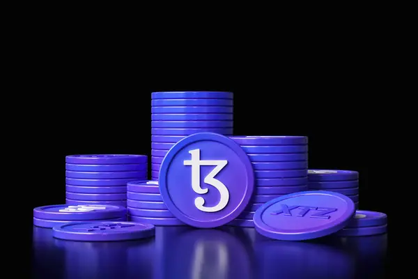 Tezos Münzen Verschiedenen Stapeln Schön Für Kryptowährungen Und Digitale Anlagekonzepte — Stockfoto