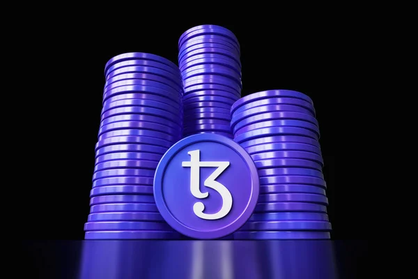 Lots Tezos Xtz Cryptocurrency Coins Seen Low Perspective Black Background — Stock Photo, Image