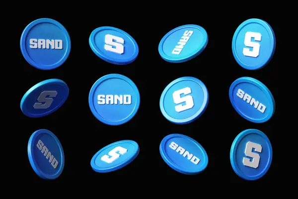 Sandbox Cryptocurrency Tokens Viewed Multiple Angles Isolated Black Background Suitable — Stock Photo, Image